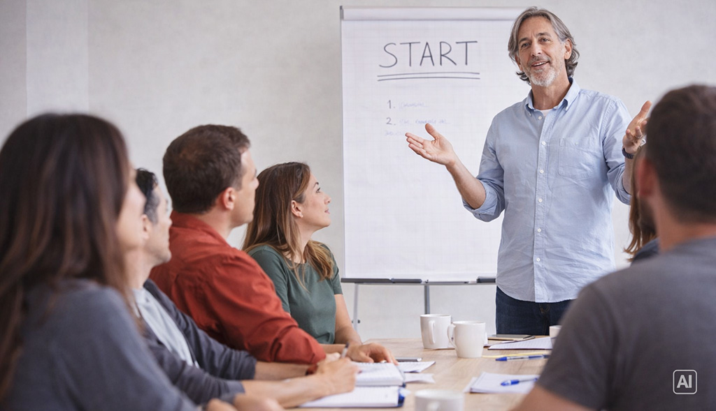 Happy people during the starting activity
